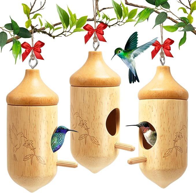 Hummingbird House, Small Hummingbird Houses for Outside, Wooden Bird House with Bow, String, Cute Gardening Gifts Home Decoration