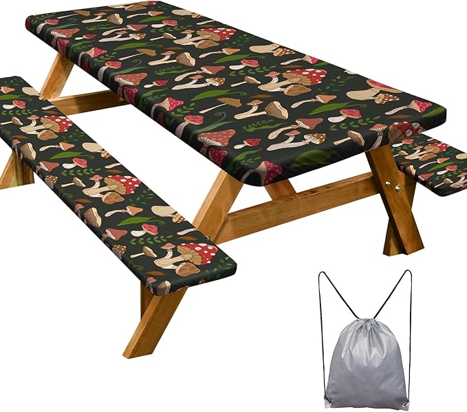 Picnic Table Cover with Bench Covers Camping Essentials Waterproof Windproof Camping Tablecloth with Drawstring Bag, Fitted Rectangle Tables and Seats, 96in, Black Red