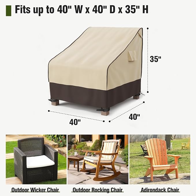MR. COVER Patio Chair Covers Waterproof, Outdoor Furniture Covers for Rocking Chair, Heavy Duty Anti UV Chair Cover, Fits up to 40"W x 40"D x 35"H, Air Vent and Handles Included, Brown & Khaki, 2 Pack