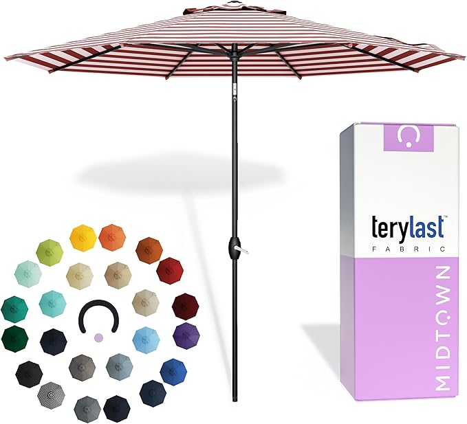 MIDTOWN UMBRELLAS The Lean 9 Feet Outdoor Umbrella With Terylast Red Stripes (Red/White Stripes) Polyester Fabric - 8 Ribs Aluminum Frame Patio Umbrella With Zinc Alloy Crank Lift And Auto-Tilt System