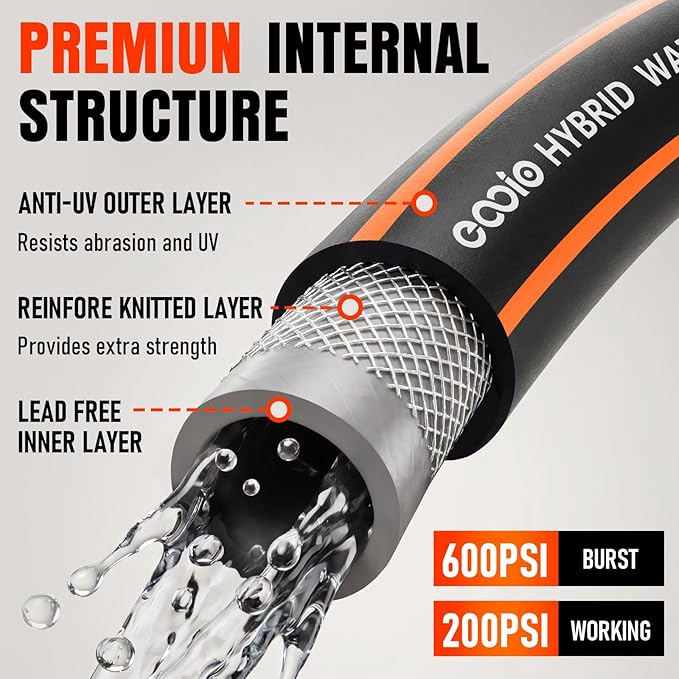 Garden Hose 100 ft x 5/8", NON-EXPANDING Flexible Water Hose, Kink Resistant Lightweight Hybrid Hose-Black Orange