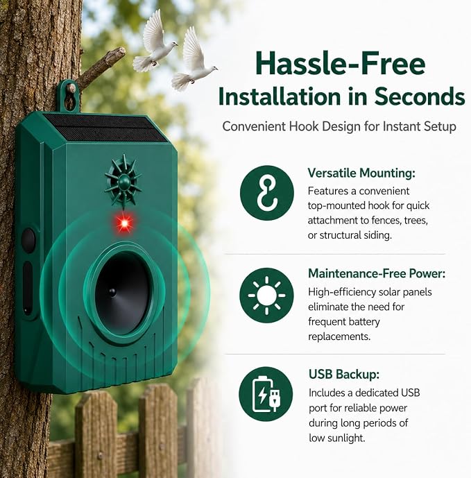 2Pack Solar Ultrasonic Bird Repellent Outdoor, Woodpecker Deterrent&Weatherproof Pigeon Bird Deterrents for Outside,Birds Repeller Scare Devices,Keep Birds Away Balcony,Yard,Farm,Orchard