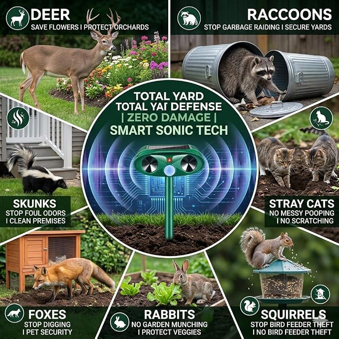 4 Pack Upgraded Sonic Fortress Pro Deer Repellent Cat Deterrent Outdoor Solar Ultrasonic Animal Repeller with Motion Sensor for Skunk Rabbit Raccoon Squirrel Fortress Pro for Yard Garden
