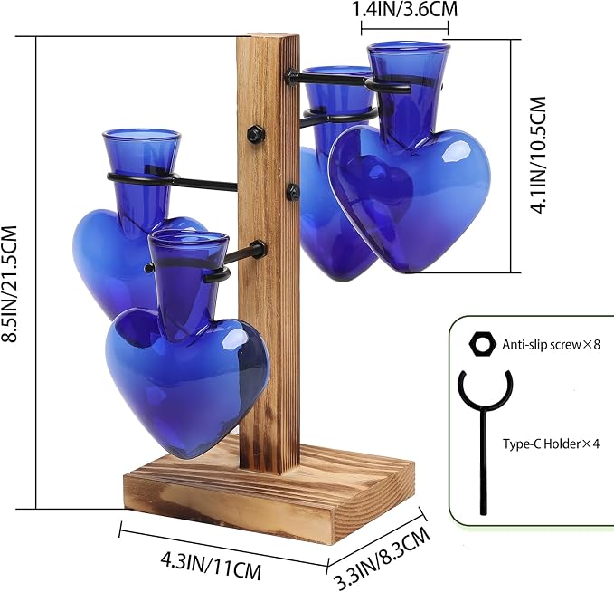 Plant Terrarium Propagation Stations with Wooden Stand | Glass Vase for Indoor Hydroponics Home Garden Office Decoration Gift for Women - 4 Love Bulb Vase