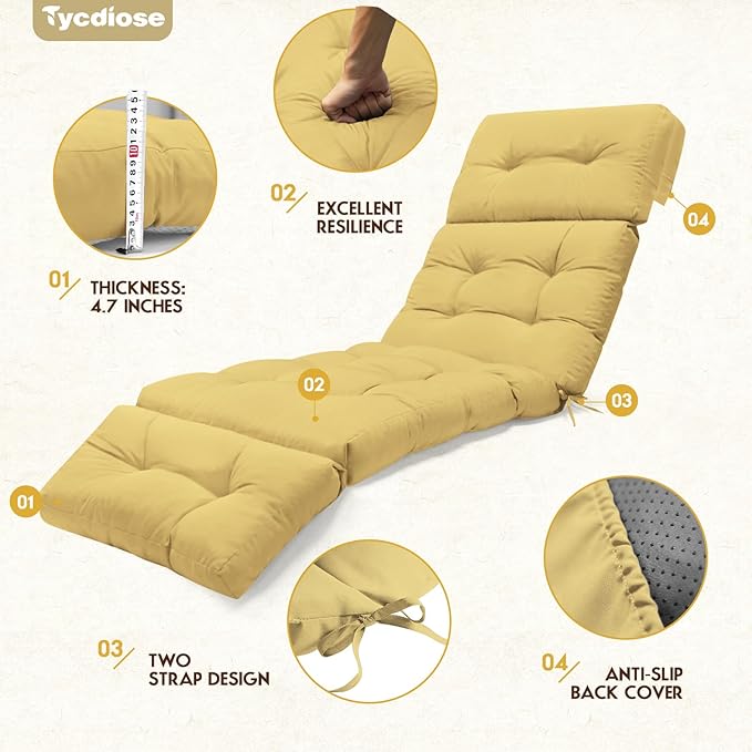 Outdoor Chaise Lounge Chair Cushion 74.4 x 22 x 4.7 Inches Memory Foam Lounge Chair Cushions Waterproof for Outdoor Furniture with Ties, Thickened Pool Chaise Lounge Chair Cushions, Khaki
