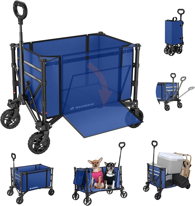 Raynesys Collapsible Wagon Cart with Wheels 220lbs Foldable Wagon 120L Shopping Cart for Groceries Folding Utility Wagon for Beach, Garden, Camping, Sport, Wheelbarrows, Indigo