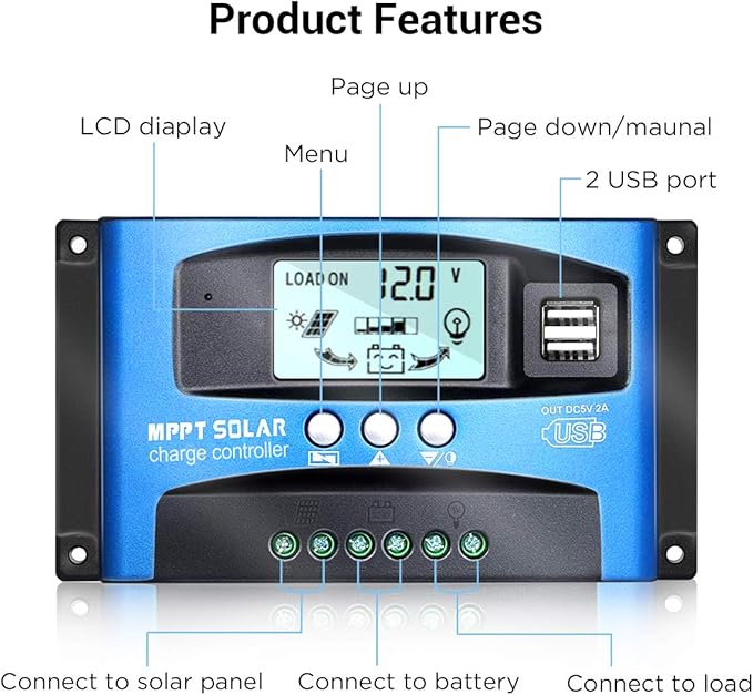 MPPT Solar Charge Controller 40A 12V/24V Auto Solar Panel Intelligent Regulator with Dual USB Port LCD Display for Lead Acid Batteries
