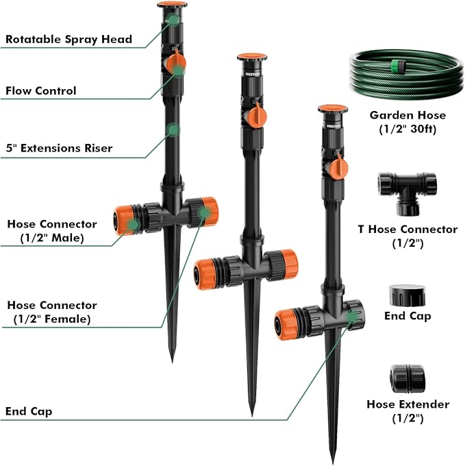 RESTMO Above Ground Sprinkler System,Irrigation Sprinklers for Yard,Orange | DIY Flexible Metal Spike Sprinkler, Tool-Free, Adjustable Angle/Flow, 3 Sprinklers & 30ft Hose, Ideal for Plants & Gardens