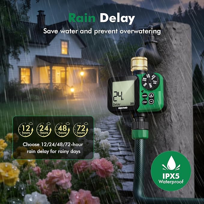 RESTMO Oversized LCD Sprinkler Timer for Outdoor Hose Faucet, Up to 11h59m Programmable Watering Timer for Soaker Hose, Filling, Misting with Brass Inlet, Rain Delay/Manual/Automatic Irrigation System