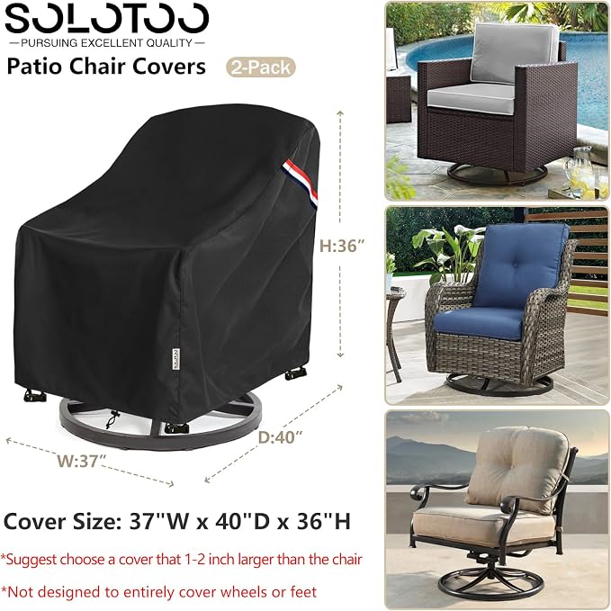 Patio Chair Covers Waterproof Heavy Duty Patio Furniture Covers, 37W x 40D x 36H Inches Swivel Outdoor Chair Cover 2 Pack (Black)