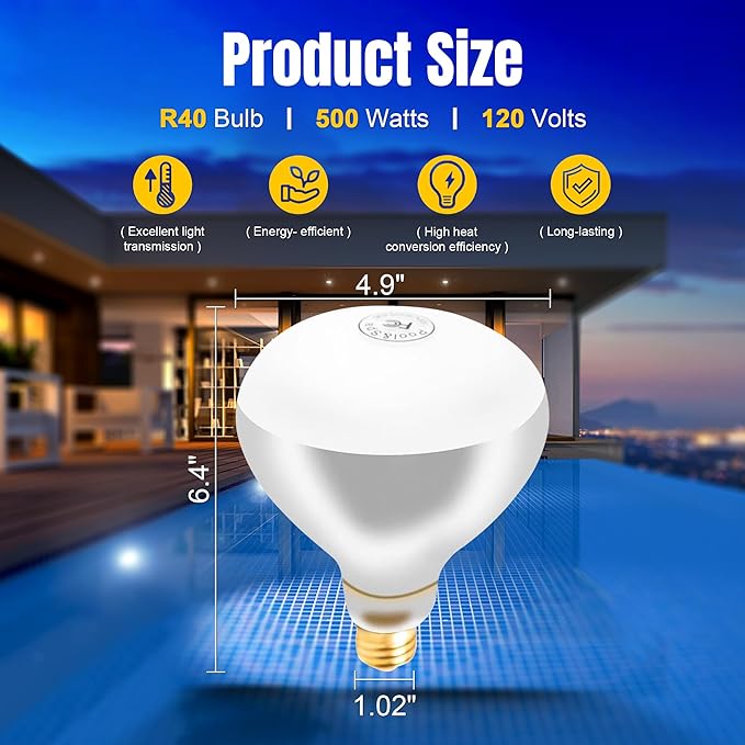 500W R40 120V Pool Light Bulb for Inground Pool & Spa – 3000K Warm White, E26 Base, High-Power, Compatible with Pentair & Hayward Fixtures, 3,000-Hour Lifespan (4 Pack)