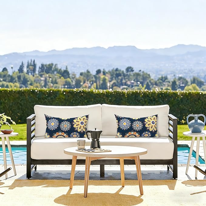 LVTLVTXIII 12×20 Inch Outdoor Lumbar Pillows, Pack of 2 Water Repellent Lumbar Pillow with Inserts, Fluffy Decorative Garden Lumbar Cushions for Home Patio Coach Sofa Use, Bloom Medallion‌ Cobalt