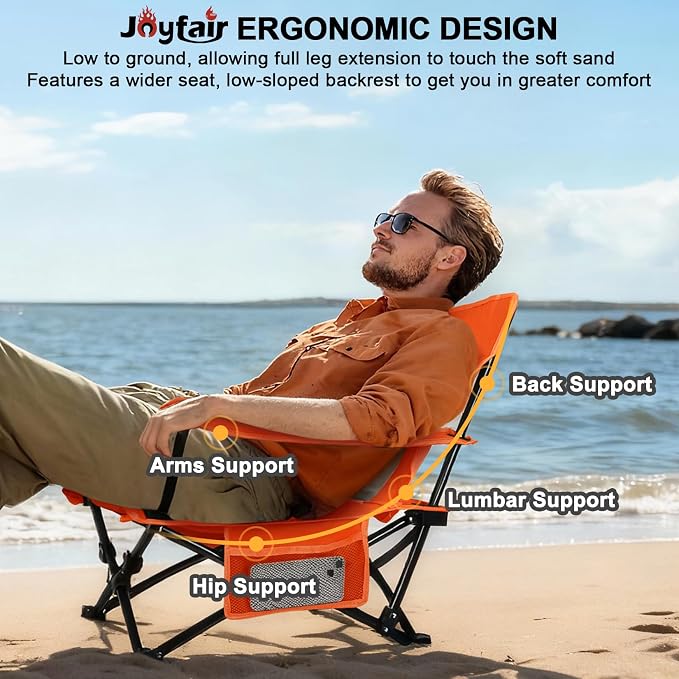 Joyfair Beach Camping Chair (2 Pack), Outdoor Folding Chair for Adults, Heavy Duty Portable Chair for Outside Fishing, Lawn, Sport, Patio, Armrest Cup Holder & Storage Pocket, Carry Bag (Orange)