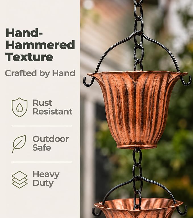 Copper Rain Chain for Gutters, 12 Cup Tulip Decorative Water Feature, 8FT 8IN Adjustable Metal Chain Rain Diverter for Outdoor Garden Décor with Crystal Accent
