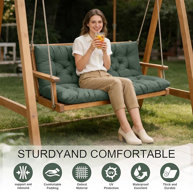Porch Swing Cushions, Outdoor Swing Replacement Cushions 4 Seater with Backrest, Waterproof Bench Cushion with Ties,for Patio,Porch, Garden,Backyard