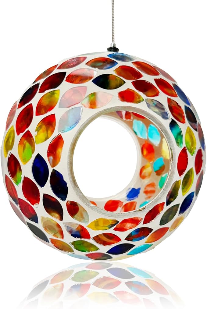 Glass Bird Feeders for Outdoor Hanging, Mosaic Fly Through Wild Bird Feeder Round Shape Birdfeeder for Outside Garden Yard Patio Decoration Red