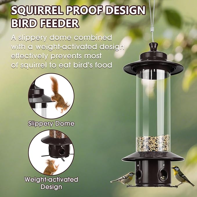 Bird Feeder for Outdoors, Hanging Squirrel Proof Bird Feeders for Outside with 4.8 Lb Capacity, 4 Ports Tube Metal Wild Birdfeeders for Garden Yard Decoration Viewing Cardinal