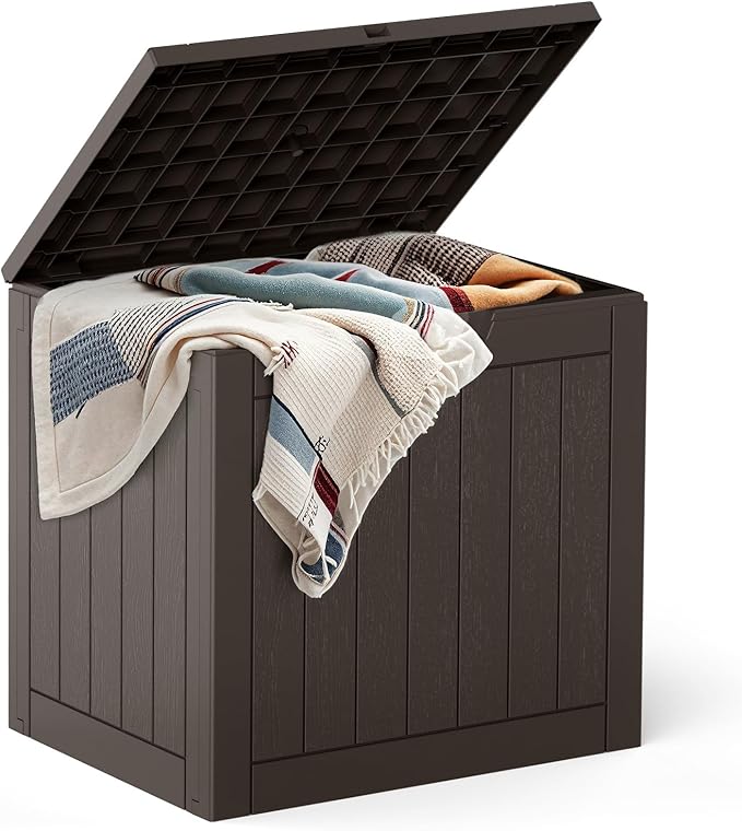 31 Gallon Capacity Deck Box, Outdoor Waterproof Resin Lockable Storage Box for Patio Cushions, Gardening Tools, Pool Accessories Container - Brown
