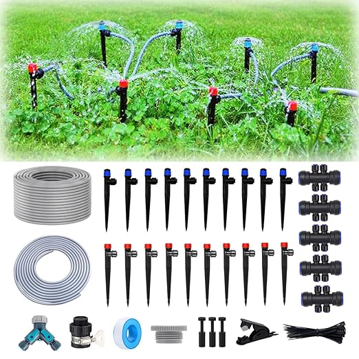 82FT Drip Irrigation Kit, 1/4-inch Drip Irrigation Emitter, Fan-Shaped Drip Irrigation Emitter, Quick-Connect Automatic Drip Irrigation System, Suitable for Watering Plants in Flowerpot Elevated Bed.