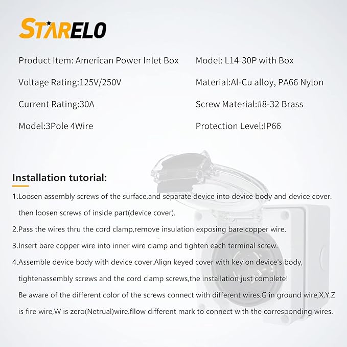 STARELO 30 Amp Generator Power Inlet Box NEMA L14-30P,125/250 Volt 7500W, Outdoor dustproof and Weatherproof for generators, Welding Machines, etc.ETL Listed.(NEMA L14-30P Box)