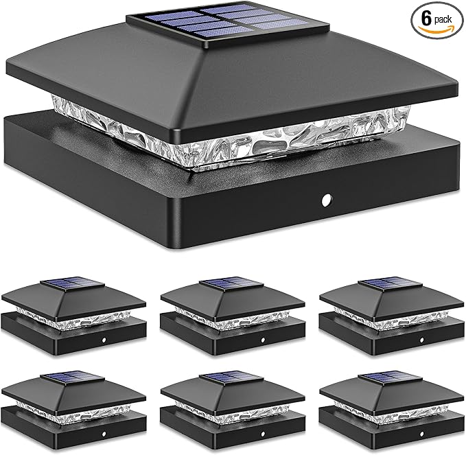 Solar Post Cap Lights Outdoor 6pack, Black Waterproof Solar Powered Deck Fence Post Lights Fit 4x4 Wood/Vinyl Posts, Bright Warm White Solar Post Lights Decorate Deck, Patio, Porch, Fence