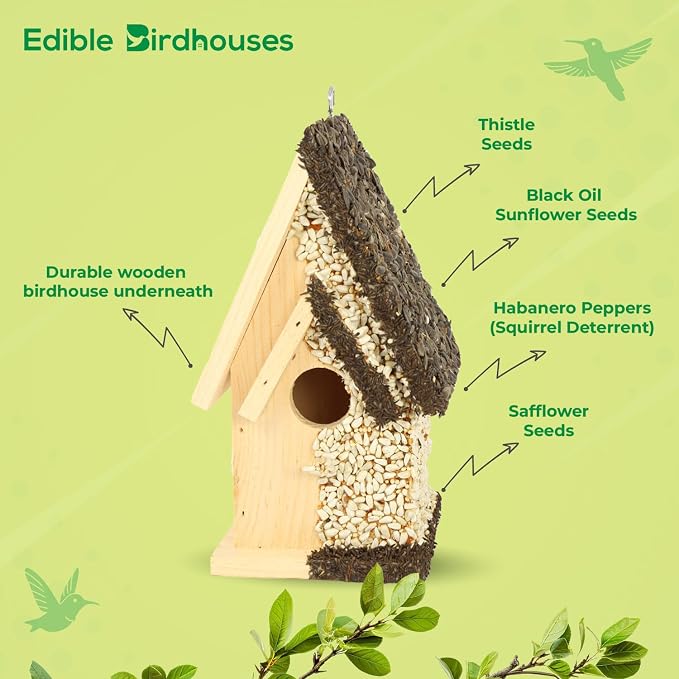 Edible Birdhouse - Birdseed Bird Feeder, Wooden Birds House Covered in Wild Bird Food, Squirrel Resistant Birds Feeders for Outside Hanging, Watching Gift for Garden Lovers, (TD)
