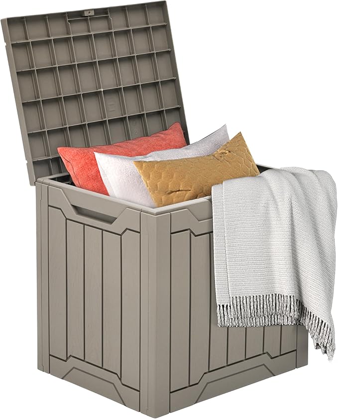 DWVO 30 Gallon Outdoor Storage Deck Box, Resin Patio Storage for Gardening Tools, Patio Cushions, Waterproof and Lockable (Light Brown)