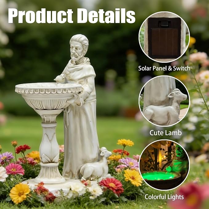 Sheaifun St Francis Garden Statue Outdoor Solar Garden Decor Resin 10.5 Inch Tall Colorful Lights St Francis Statue with Bird Bath Feeder for Yard Patio Lawn Decoration Religious Gifts for Women