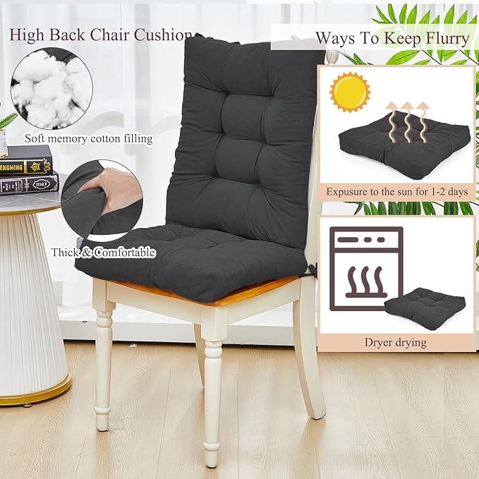 Juexica 4 Sets Outdoor Patio Chair Cushions Seat High Back Tufted Pillow Replacement Rocking Chair Cushions Pads for Patio Summer Seasonal Indoor Home Office (Dark Gray)