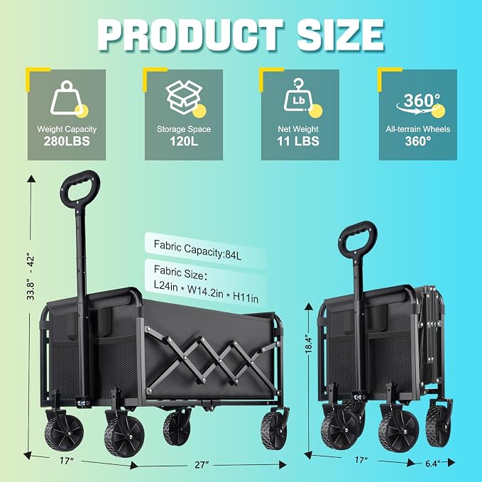 Collapsible Wagon Cart with Wheels Foldable - Lightweight 280LBS Heavy Duty Folding Utility Portable Beach Wagon with All-Terrain Wheels for Groceries Shopping Garden Sports Camping