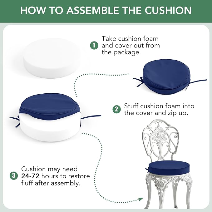 Summsun Outdoor Bistro Chair Cushions Set of 2, 15" D x 3" H Round Chair Cushions Waterproof and Fade Resistant Chair Cushion Pads with Non-Slip Ties and Removable Covers for Garden, Navy Blue