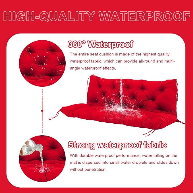 Premium 5" Thick Waterproof Porch Swing Cushions Sturdy Durable 3 Seat Replacement Outdoor Swing Cushions with Backrest&Ties Bench Cushion for Outdoor Furniture Backyard Patio Garden