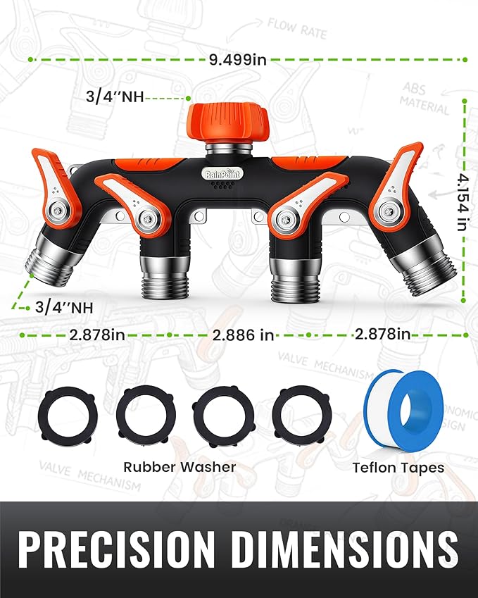 RAINPOINT 4 Way Garden Hose Splitter, 100% Metal Heavy Duty Water Hose Splitter with Individual Shut-Off Valves, 3/4" GHT High Flow Outdoor Faucet Splitter, 1.81" Extra Long Handle (Orange)