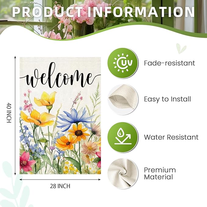 Welcome Flowers House Flags for Outdoor Decoration, Spring Watercolor Floral Large Yard Flag, Decorative Summer Celebration Decor for Seasonal Farmhouse Holiday Outside 28x40 Inch Vertical