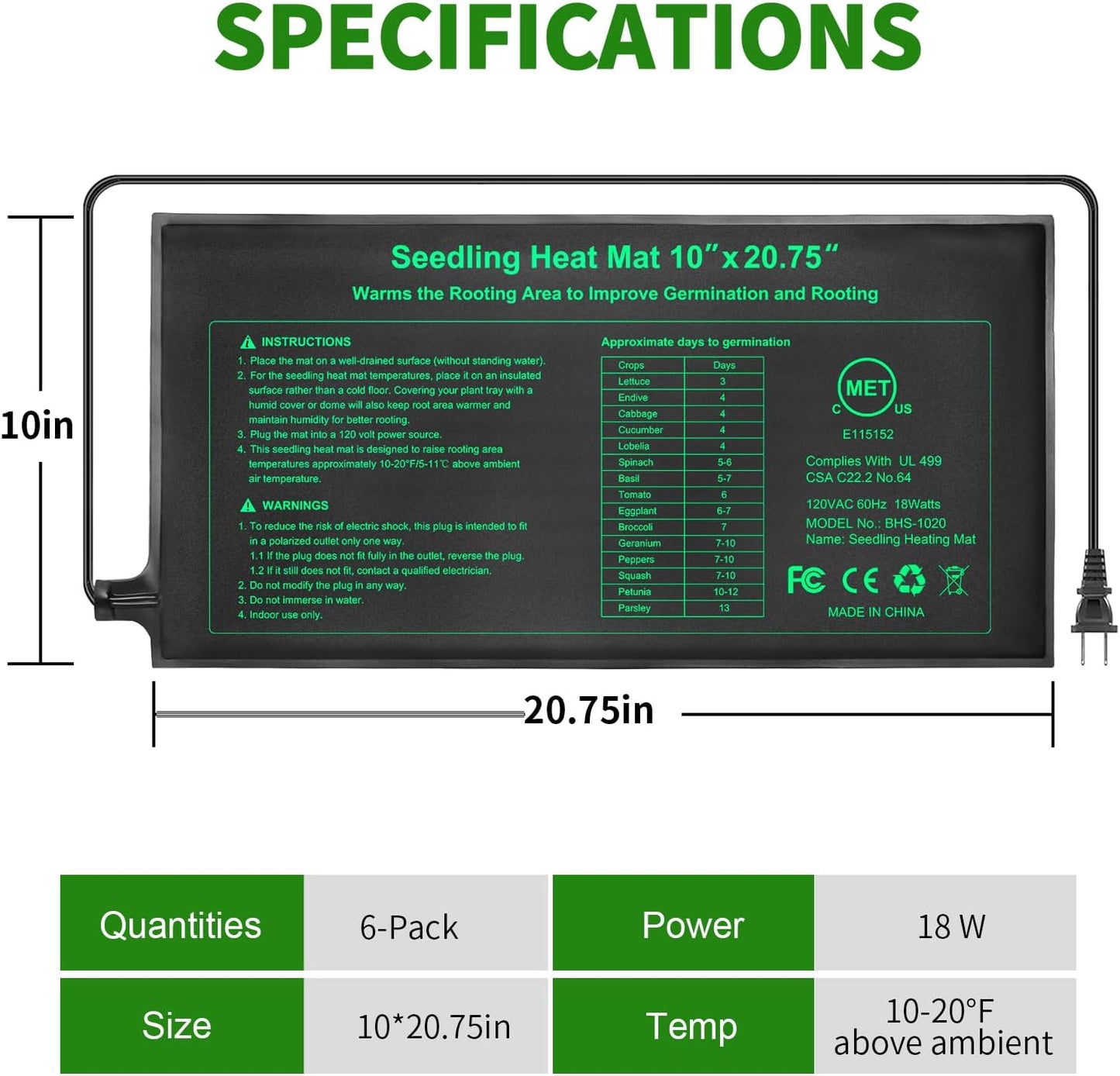 Besitio Seedling Heat Mat 6 Pack,10" x 20.75" Greenhouse Heater, MET Certified Germination Heat Mat, for Greenhouse Seedling, Seeding, Home Gardening Seeding Starter