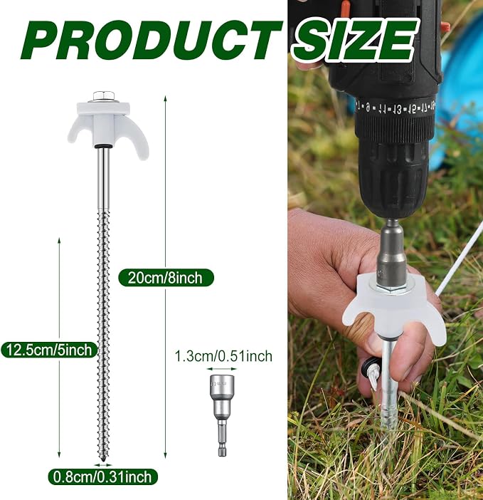 Yaocom 20 Pcs 8" Screw in Tent Stakes Heavy Duty Tent Stakes Drillable Ground Anchors Screw Metal Tent Pegs Threaded Tent Spikes with Head Driver for Swing Inflatable Decor (White)