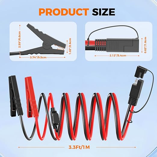 CASMAN 10FT SAE to Battery Alligator Clips Cable,12V SAE 2Pin Quick Disconnect Crocodile Cable with 15A Fuse for Solar Power, BatteryMotorcycleCarRVTruckWater Resistant (10AWG 3.3FT)
