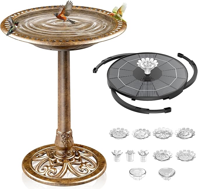 AISITIN 28 Inch Bird Bath with 3.5W Solar Fountain for Outside, Antique Copper Polyresin Pedestal Bird Baths for Outdoor Garden Courtyard Decor, Weather-Resistant Birdbaths with 20" Bowl & 8 Nozzles