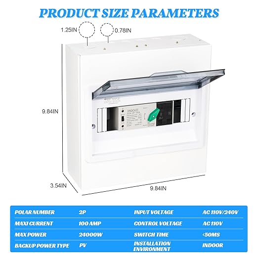 100A PV Automatic Transfer Switch,110V Solar Transfer Switch,Millisecond Level Dual Power Automatic Changeover Switch, with Metal Distribution Box