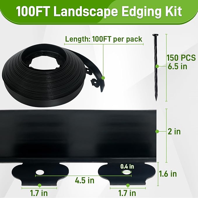Quibbay 2 Inch x 100FT Landscape Edging Border with 150 Anchoring Spikes, No Dig Garden Border Edging Kit, Plastic Flexible Edging for Landscaping Garden Flower Beds Lawn Yard Paver Pathway, Black