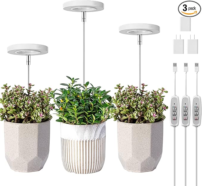 LORDEM Grow Light, Full Spectrum LED Plant Light for Indoor Plants, Height Adjustable Growing Lamp with Auto On/Off Timer 4/8/12H, 4 Dimmable Brightness, Ideal Small Pack of 3, Warm White