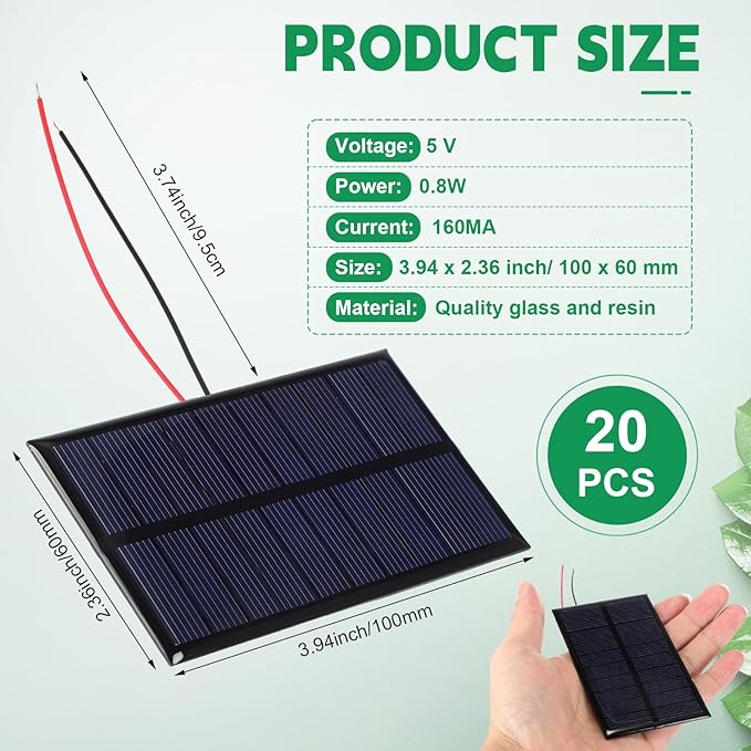 Kanayu 20 Pcs Small Solar Panels Bulk 5v 160ma Mini Polycrystalline Solar Cells DIY System Kits Epoxy Solars Panel Module Photovoltaic Cells Charger 100 x 60 mm for Light Phone Charger Flashlight