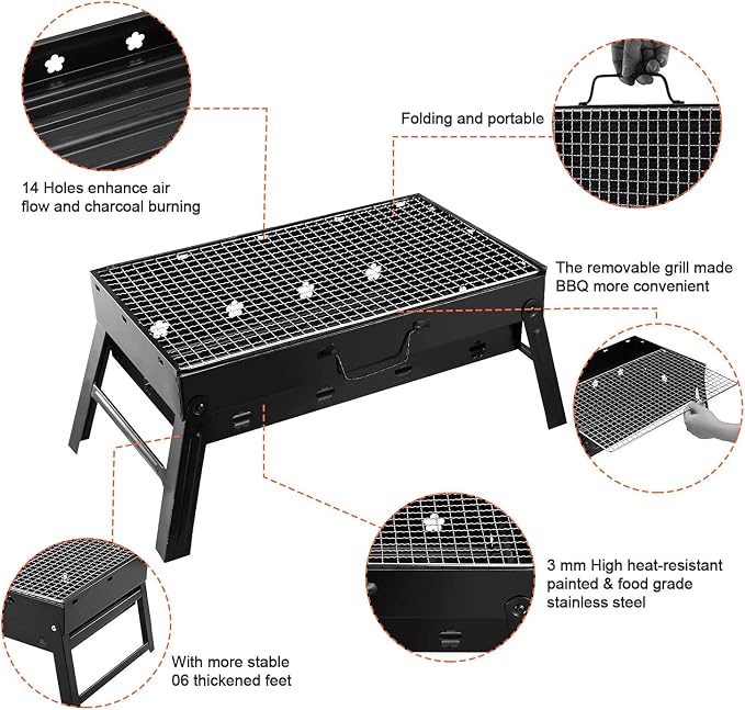 KOCASO Portable Charcoal Grill Foldable - Lightweight BBQ Smoker Grill for Camping, Tailgating, Picnics & Outdoor Grilling, Compact Design with Removable Ash Catcher