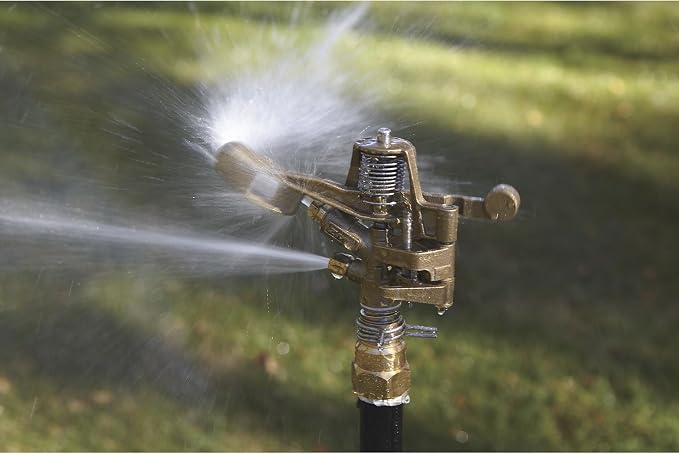Strongway Tripod Sprinkler with Round Base, 3/4 in. Brass Head with 2 Nozzles, 100 Ft. Diameter Coverage, 7800 Sq. Ft., 6-10 GPM, Adjustable Full and Partial Circle, for Lawn and Garden