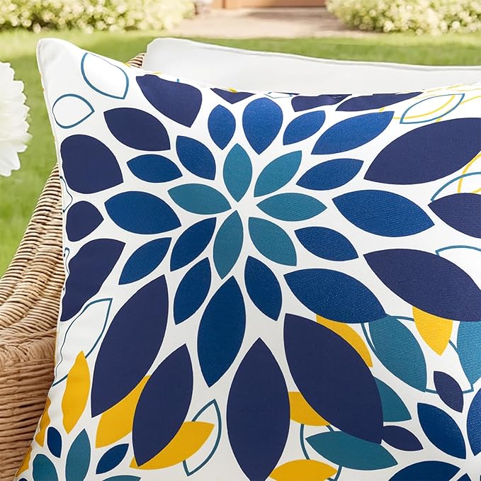 Floral Outdoor Pillow Covers Waterproof Spring Throw Pillow Cases Blue Yellow 18x18 Inch Set of 2 Decorative Summer Cushion Covers for Patio Furniture Garden Bench Porch Sofa