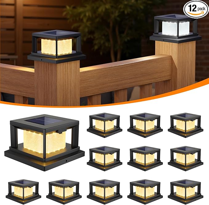Mlambert 12 Pack Solar Post Lights Outdoor, 2 Modes LED Fence Cap Light for 4x4 Post, Waterproof Deck Light Patio Garden Decor, Warm/Cool White, Black