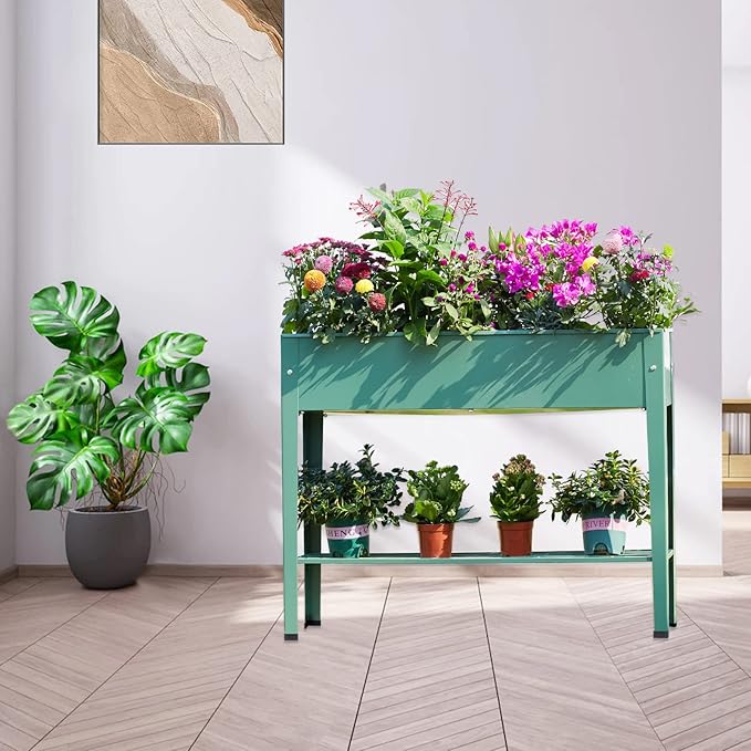 Raised Garden Bed, Elevated Green Metal Plant Box with Legs, Standing Garden Stand with Drainage Holes (40" L x 11" W x 31" H)