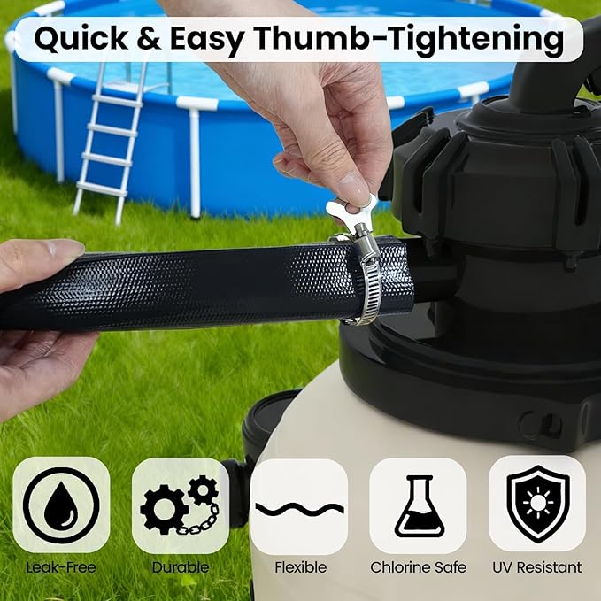 Poolvio Backwash Hose 2" x 50 ft, Heavy-Duty Lay-Flat Reinforced PVC Discharge Hose with 2 Stainless Steel Thumb Screw Clamps, Leak-Resistant for Inground & Above-Ground Pool Filters