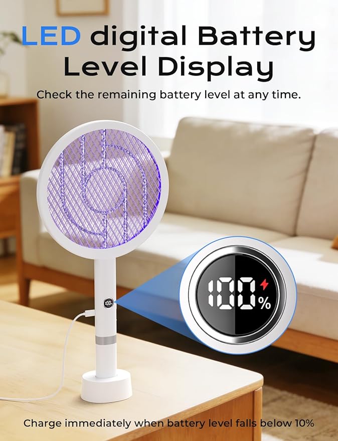 YISSVIC Electric Fly Swatter Bug Zapper Racket 4000V LED Screen Dual Modes Fly Zapper Rechargeable for Indoor Home Office Backyard Patio Camping (White)