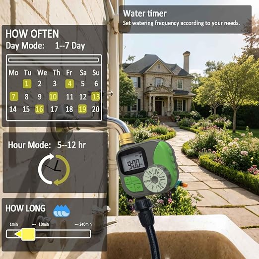Drip Irrigation Kit Automatic Watering System with Water Timer 64FT 1/4 Tubing and 12 Rain Spray Watering Nozzles in 4 Directions for Potted Plants Yard Lawn Juvenile Plants Greenhouse Mist